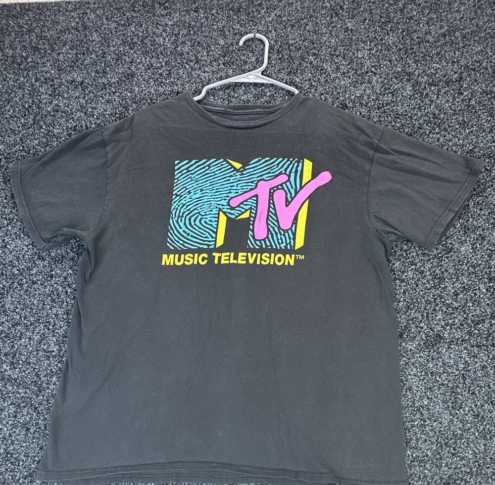 MTV Music Television T Shirt Gray Neon Fingerprint Logo Retro Tee Size Large